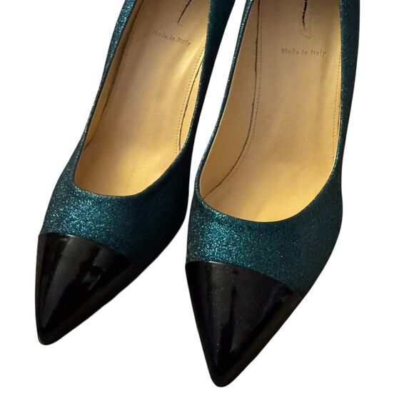 J CREW Teal Black Glitter Sparkles Captoe Heel Size 10 Pump Holiday Shoe - Picture 4 of 13